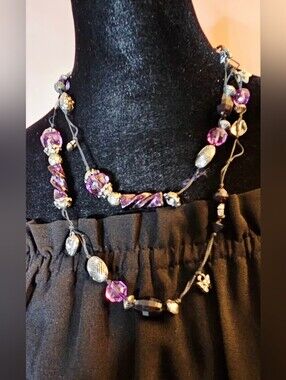 CECIL Vintage Boho Purple & Silver Long Beaded Cord Necklace